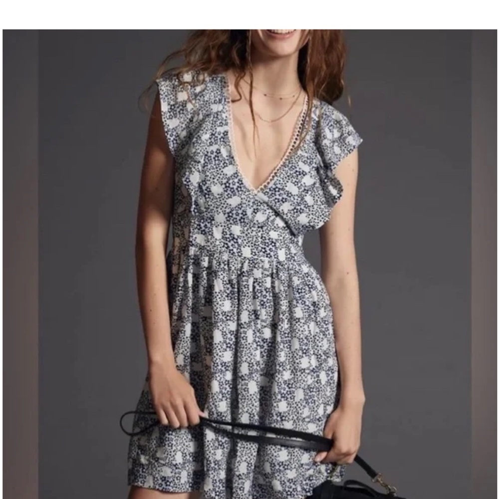 Anthropologie V-Neck Plunge Tunic Mini Dress - Boho Floral Ruffle Sundress - M